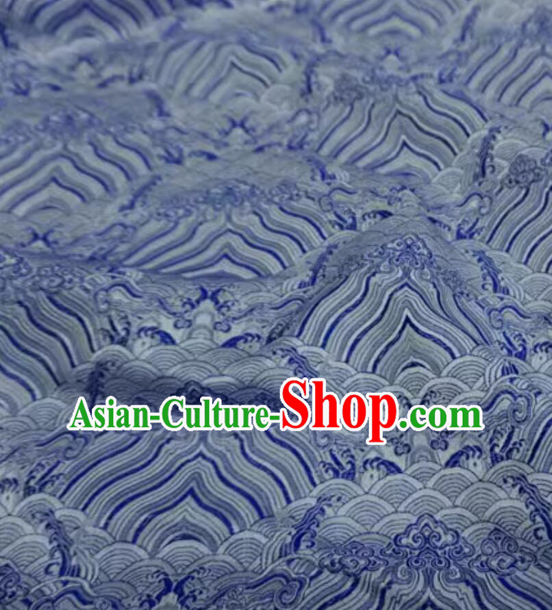 Chinese Brocade Fabric Tang Suit Material Traditional Wave Pattern Design Blue Cloth