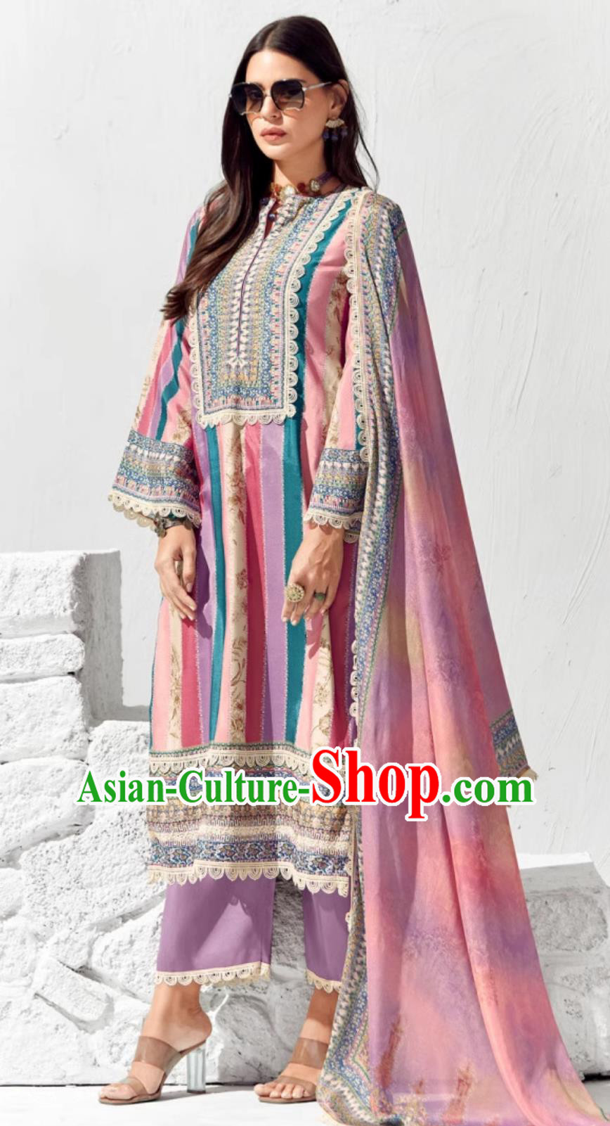 Indian National Costume Violet Punjabi Outfit India Traditional Women Clothing Three Piece Set