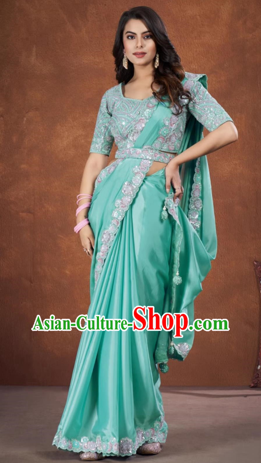 Indian Traditional Women Clothing Embroidery Lake Blue Dress Festival Sari National Costume