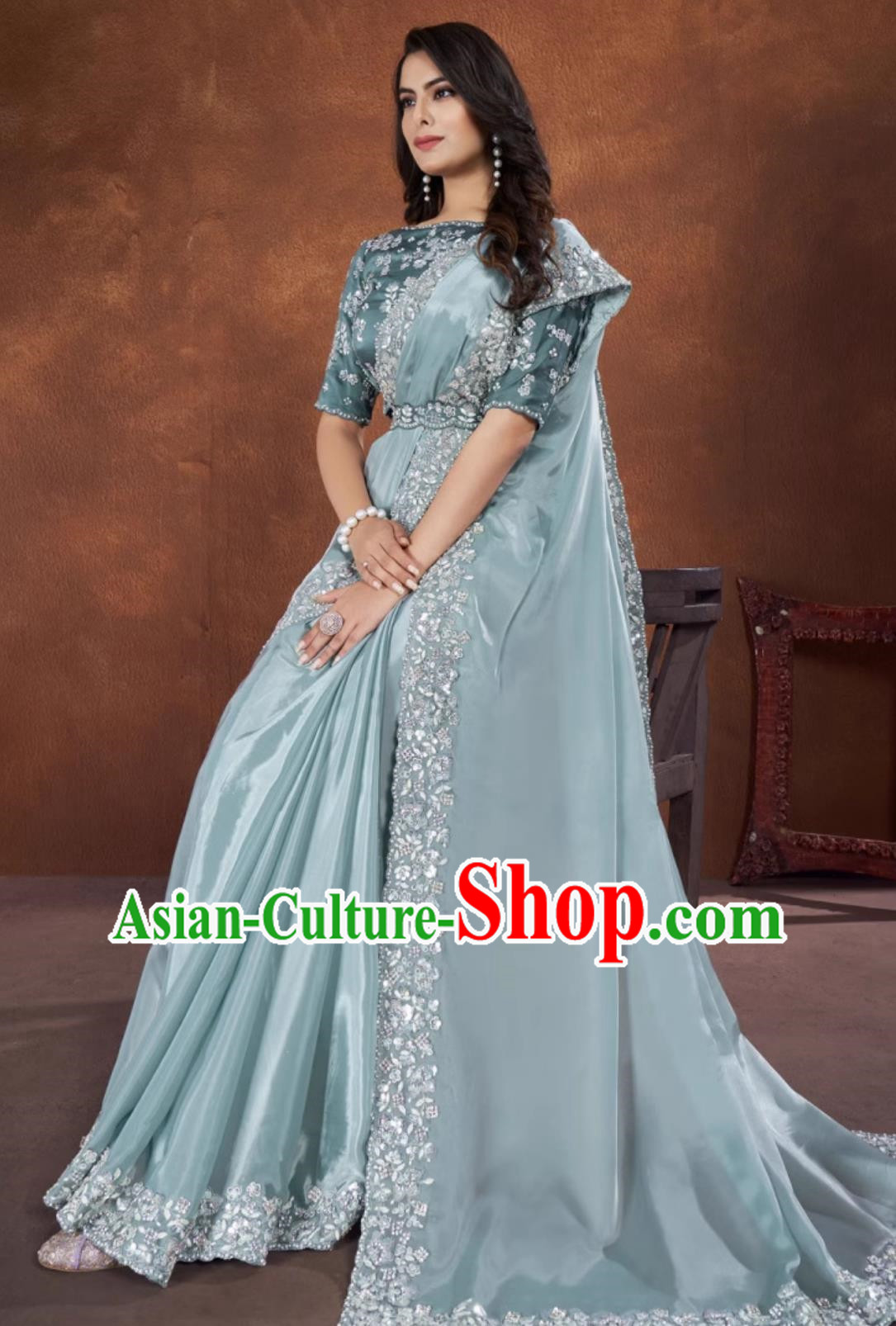 India Embroidery Light Blue Dress Festival Sari National Costume Indian Traditional Women Clothing