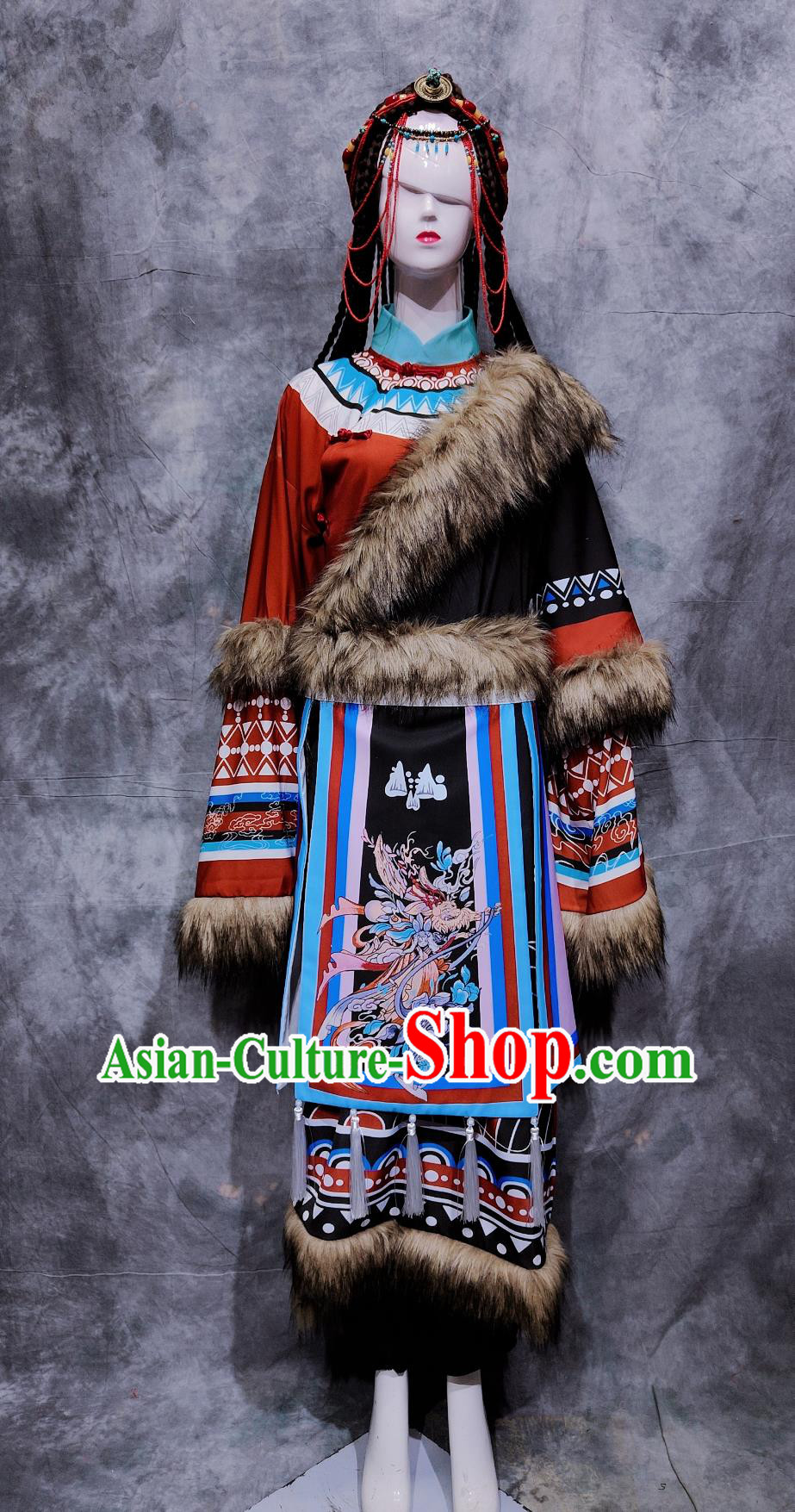 China Zang National Minority Woman Clothing Traditional Tibetan Ethnic Dance Dress Chinese Xizang Minorities Costume
