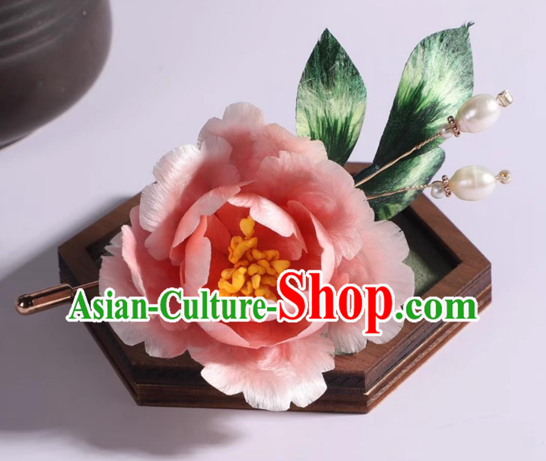 China Cheongsam Brooch Traditional Hanfu Jewelry Handmade Chinese Pink Silk Peony Corsage