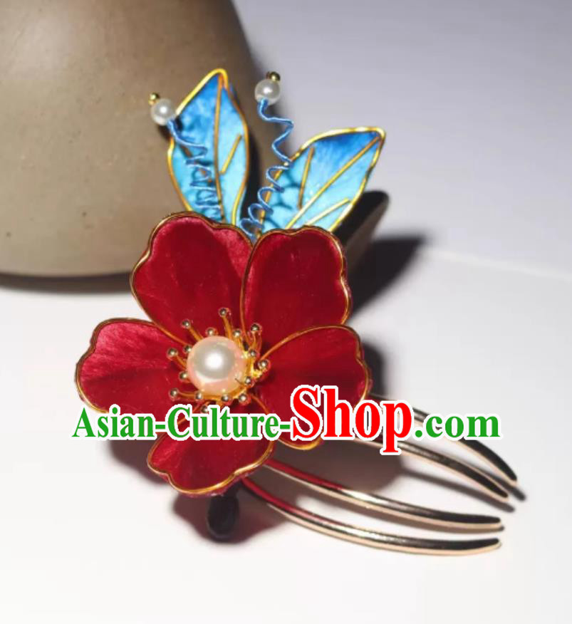 Handmade Hair Jewelry Chinese Cheongsam Red Silk Peach Blossom Hair Comb China Hanfu Hairpin Traditional Intangible Heritage Artwork