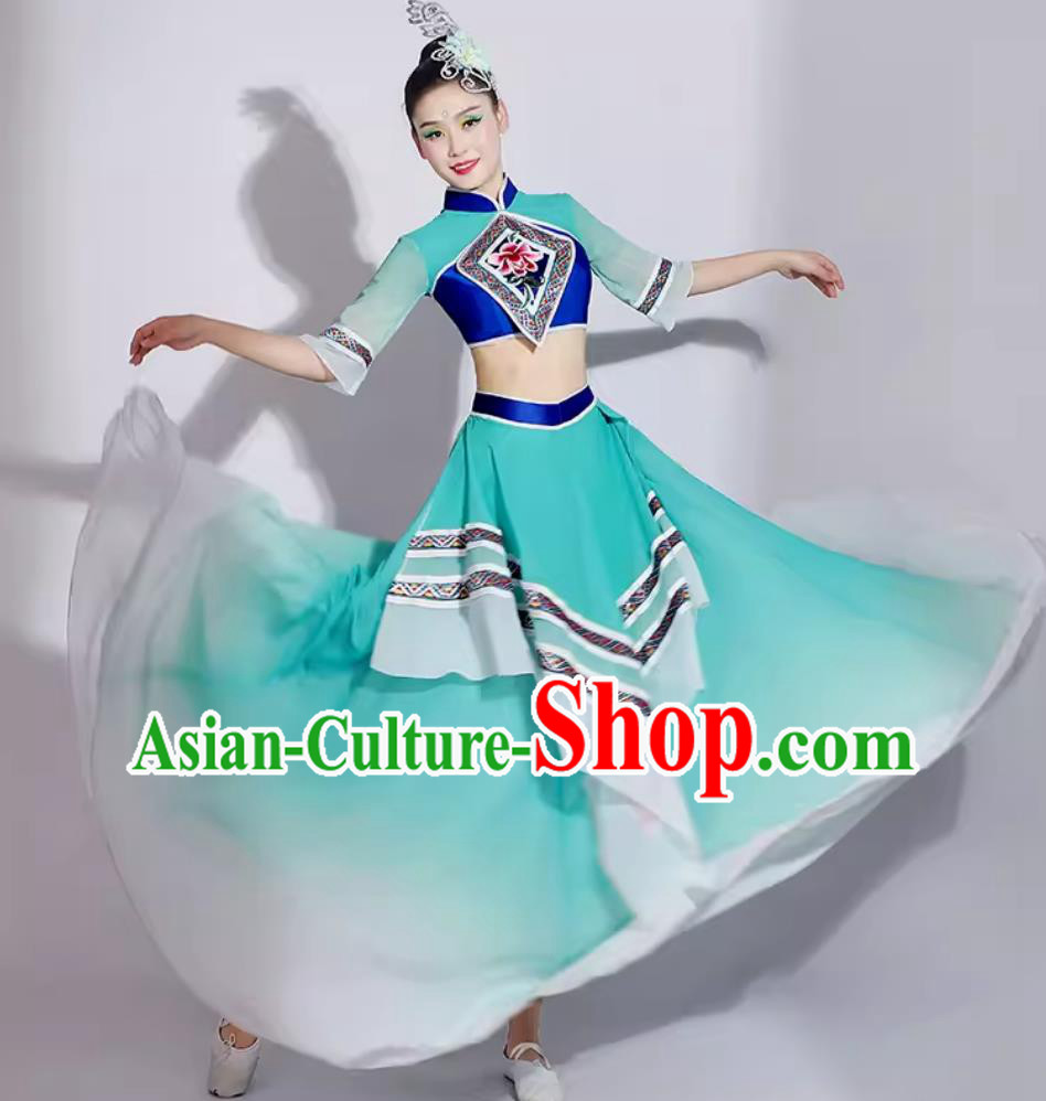 Women Group Performance Clothing Chinese Folk Dance Costume Traditional Jiaozhou Yangko Dance Green Dress