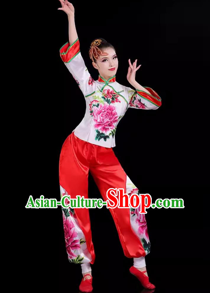 Chinese Folk Dance Costume Traditional Fan Dance Peony Printed Outfit Yangko Dance Women Group Performance Clothing