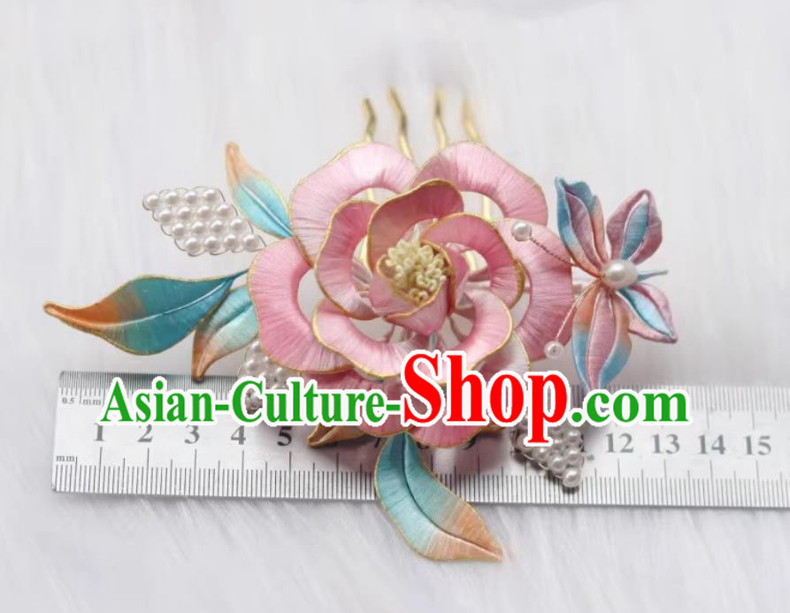 Handmade Intangible Cultural Heritage Pink Silk Peony Hair Comb Traditional Chinese Ming Dynasty Hairpin China Hanfu Hair Jewelry
