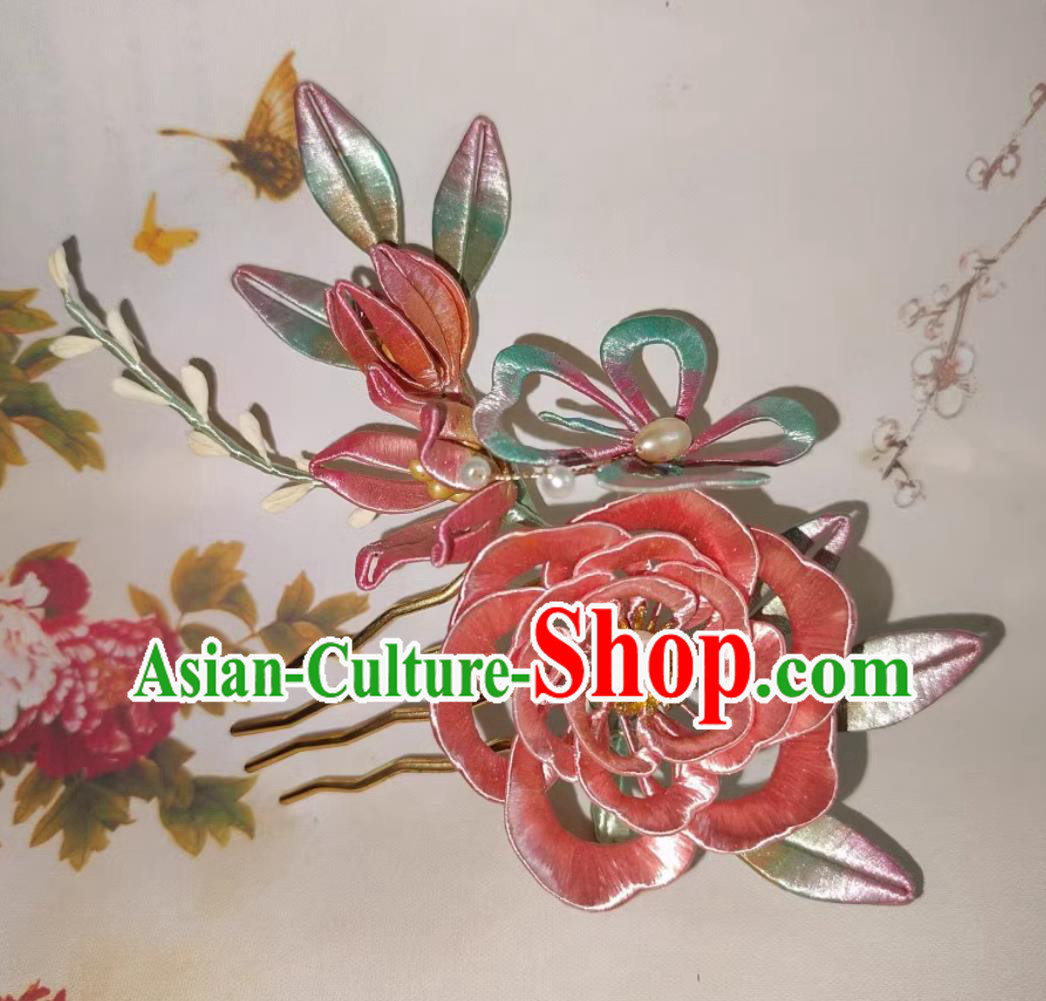 China Hanfu Hair Jewelry Handmade Intangible Cultural Heritage Pink Silk Camellia Hair Comb Traditional Chinese Ming Dynasty Hairpin
