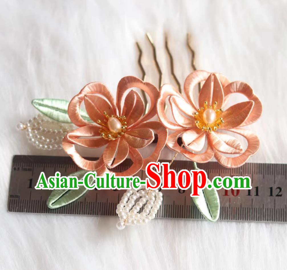 Traditional Chinese Ming Dynasty Hairpin China Hanfu Hair Jewelry Handmade Intangible Cultural Heritage Silk Peach Blossom Hair Comb