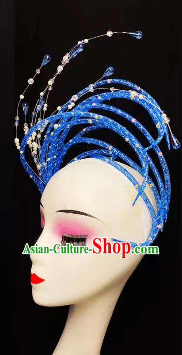 Top Stage Performance Hair Jewelry China Opening Dance Headdress Handmade Modern Dance Royal Blue Sequins Hat