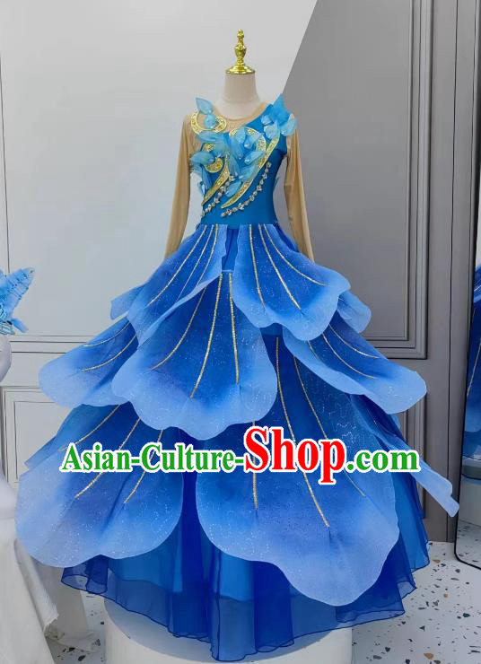 China Classical Dance Dress Women Group Stage Performance Costume Chinese Spring Festival Gala Opening Dance Royal Blue Flower Petal Clothing