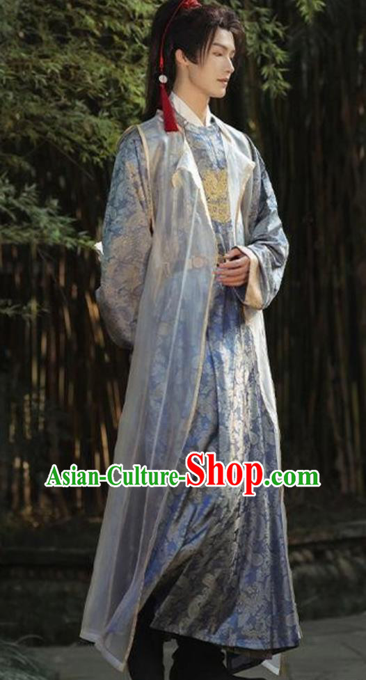 Traditional Male Hanfu Blue Outfit Ancient China Wuxia Swordsman Clothing China Tang Dynasty Royal Prince Costume