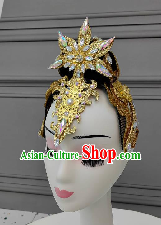 Top Stage Performance Headwear Handmade Modern Dance Golden Headpiece Chinese Opening Dance Hair Jewelry