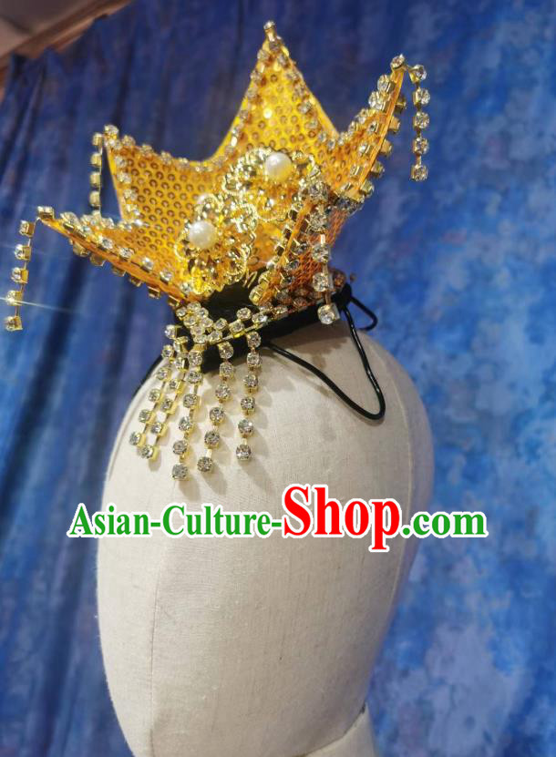 Chinese Classical Dance Hair Jewelry Top Stage Performance Headwear Handmade Korean Dance Golden Headpiece