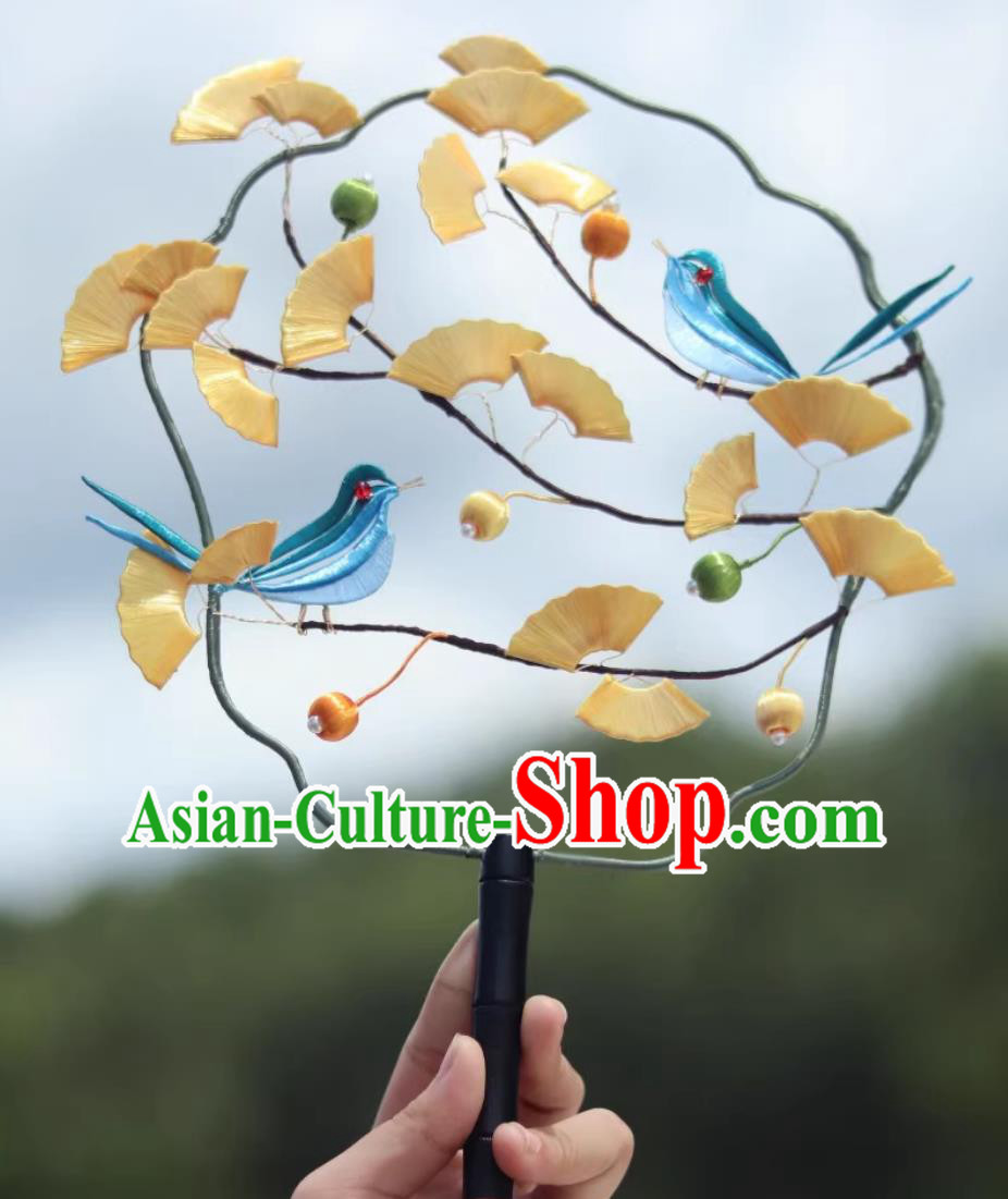 Handmade Silk Ginkgo Leaf Palace Fan Traditional Classical Round Fan Chinese Hanfu Photography Prop