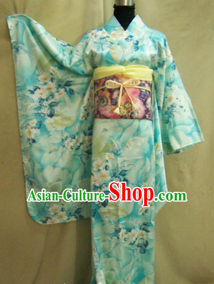 Japan Women Formal Attire Traditional Blue Furisode Kimono Japanese National Clothing
