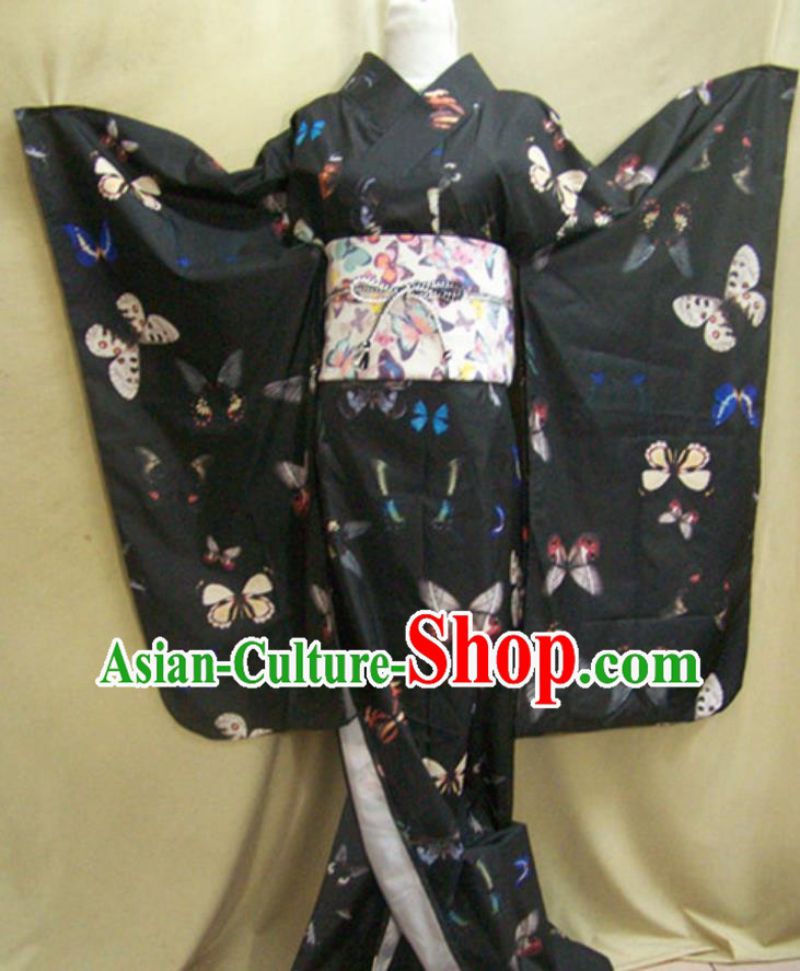 Japan Women Formal Costume Traditional Black Furisode Kimono Cosplay Japanese National Clothing