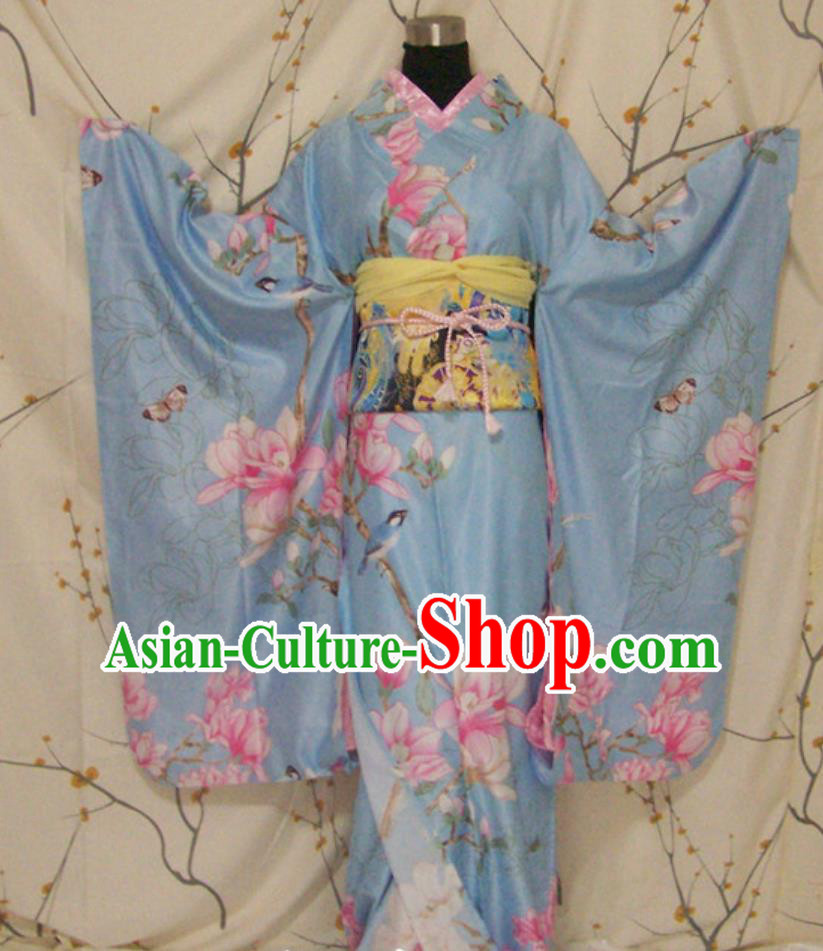 Japan Traditional Furisode Kimono Cosplay Japanese Geisha Clothing Women Blue Formal Costume