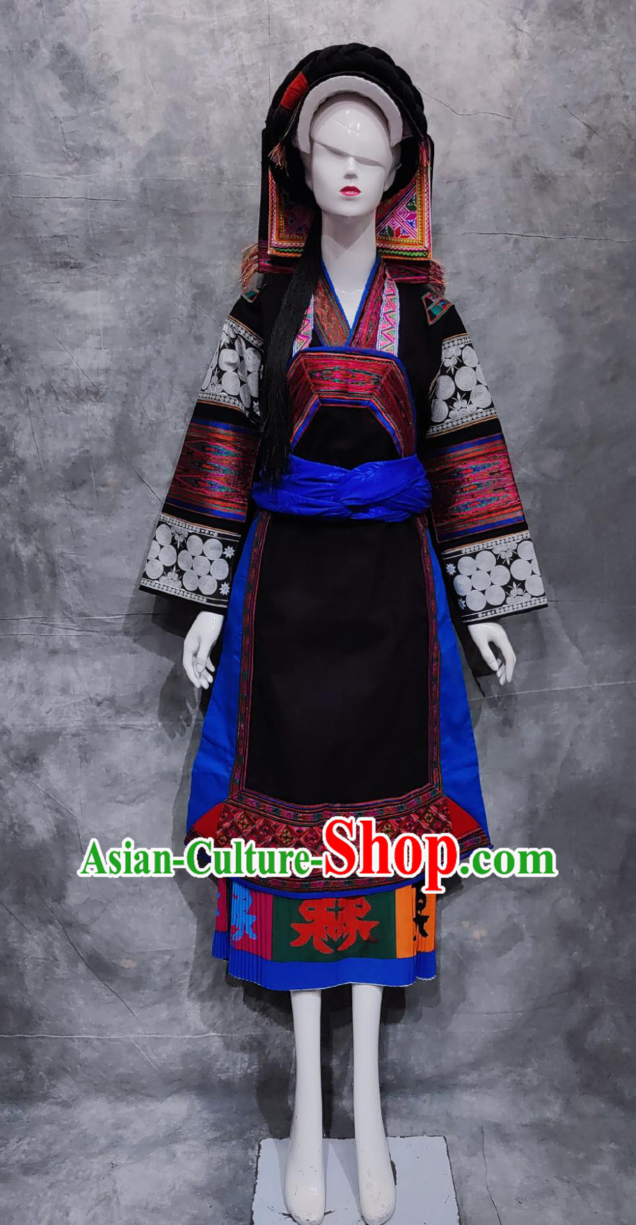 China Stage Performance Black Outfit Chinese Bouyei Ethnic Clothing Buyi National Minority Wedding Costume