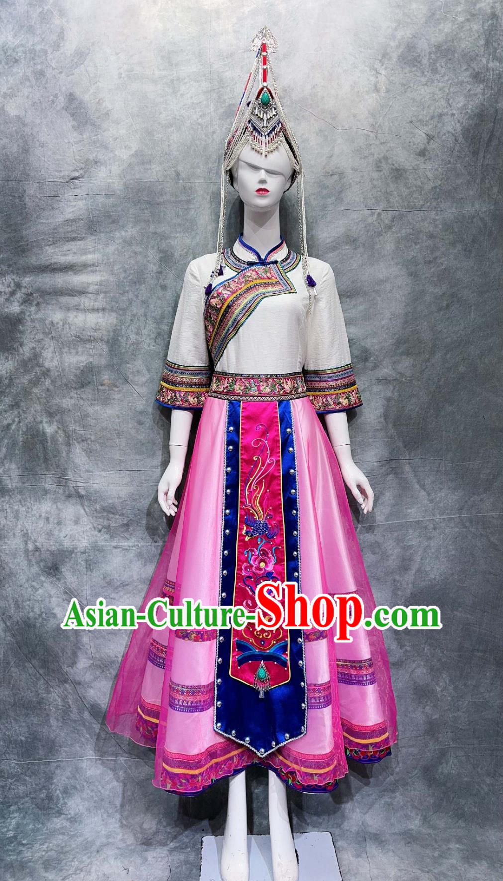 Chinese She Ethnic Woman Clothing China National Minority White Shirt and Pink Skirt March 3rd Stage Show Costume