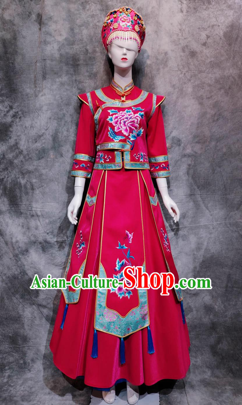 China Xibe National Minority Wedding Red Shirt and Skirt Chinese Belem Dance Costume Sibo Ethnic Woman Clothing