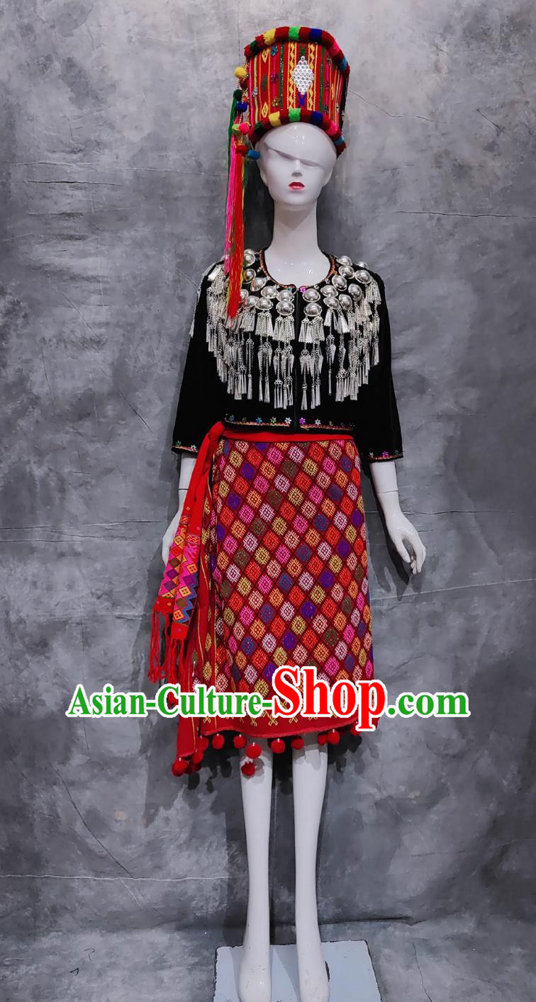 Chinese Yunnan National Minority Blouse and Skirt Chingpo Woman Dance Performance Costume China Jingpo Ethnic Clothing Complete Set