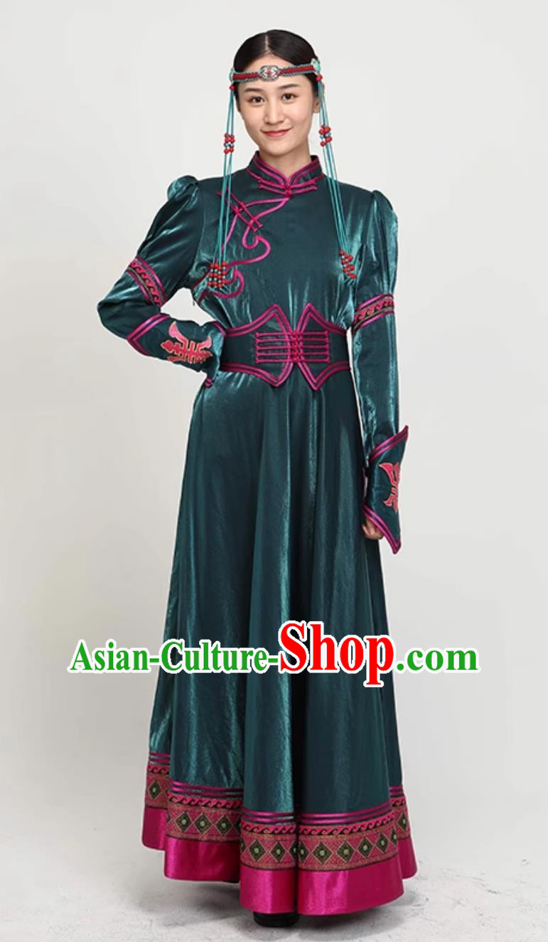 China Moggol National Minority Green Dress Mongolian Stage Show Costume Chinese Ethnic Woman Clothing