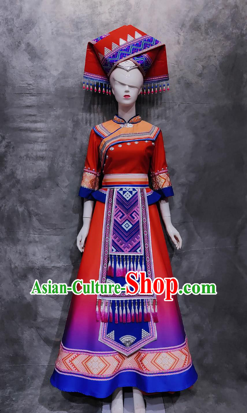 China Zhuang Ethnic Festival Clothing National Minority Dance Red Dress Chinese Guangxi March 3rd Woman Solo Costume