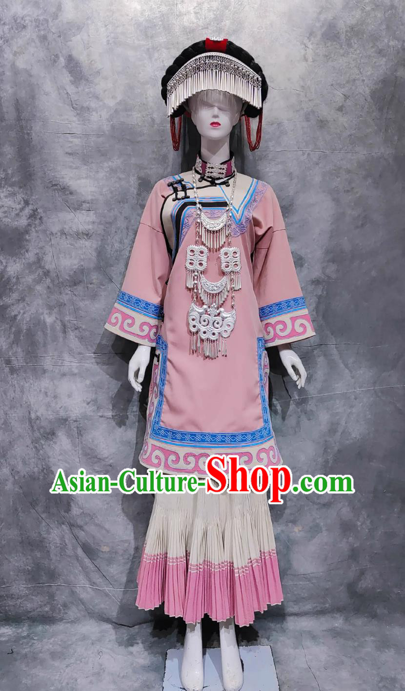 Chinese Ta Liang Mountain Woman Costume China Yi Ethnic Torch Festival Clothing National Minority Dance Pink Dress