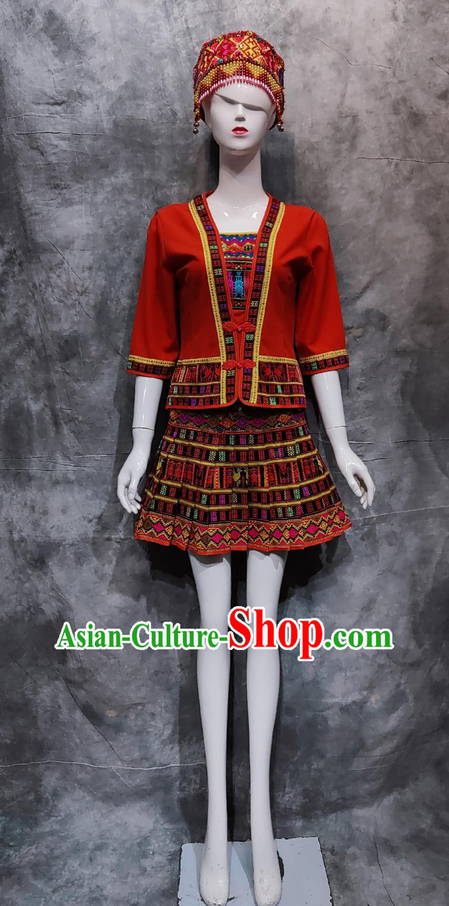 Chinese Li Ethnic Woman Clothing Hainan National Minority Dance Red Outfit China Folk Dance Costume