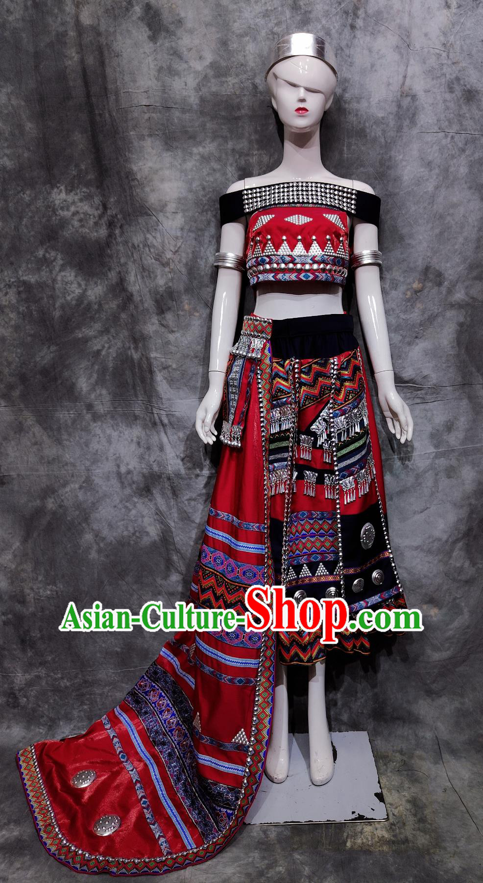 China Wa National Minority Stage Performance Red Dress Yunnan Folk Dance Costume Chinese Va Ethnic Woman Festival Clothing