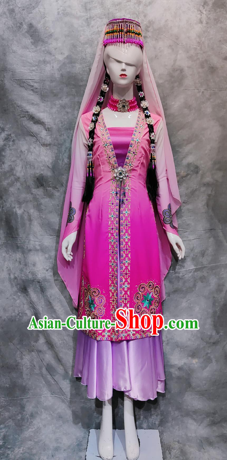 Chinese Tajik Ethnic Woman Festival Clothing China Tayikos National Minority Stage Performance Pink Dress Xinjiang Folk Dance Costume