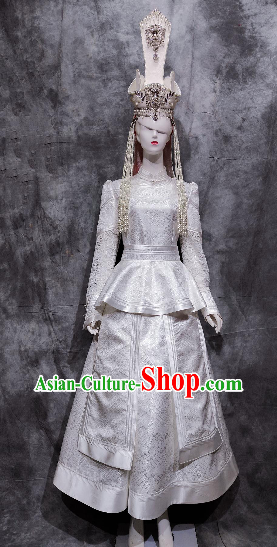 China Mongol National Minority Stage Performance White Dress Chinese Woman Folk Dance Costume Mongolian Ethnic Bride Clothing
