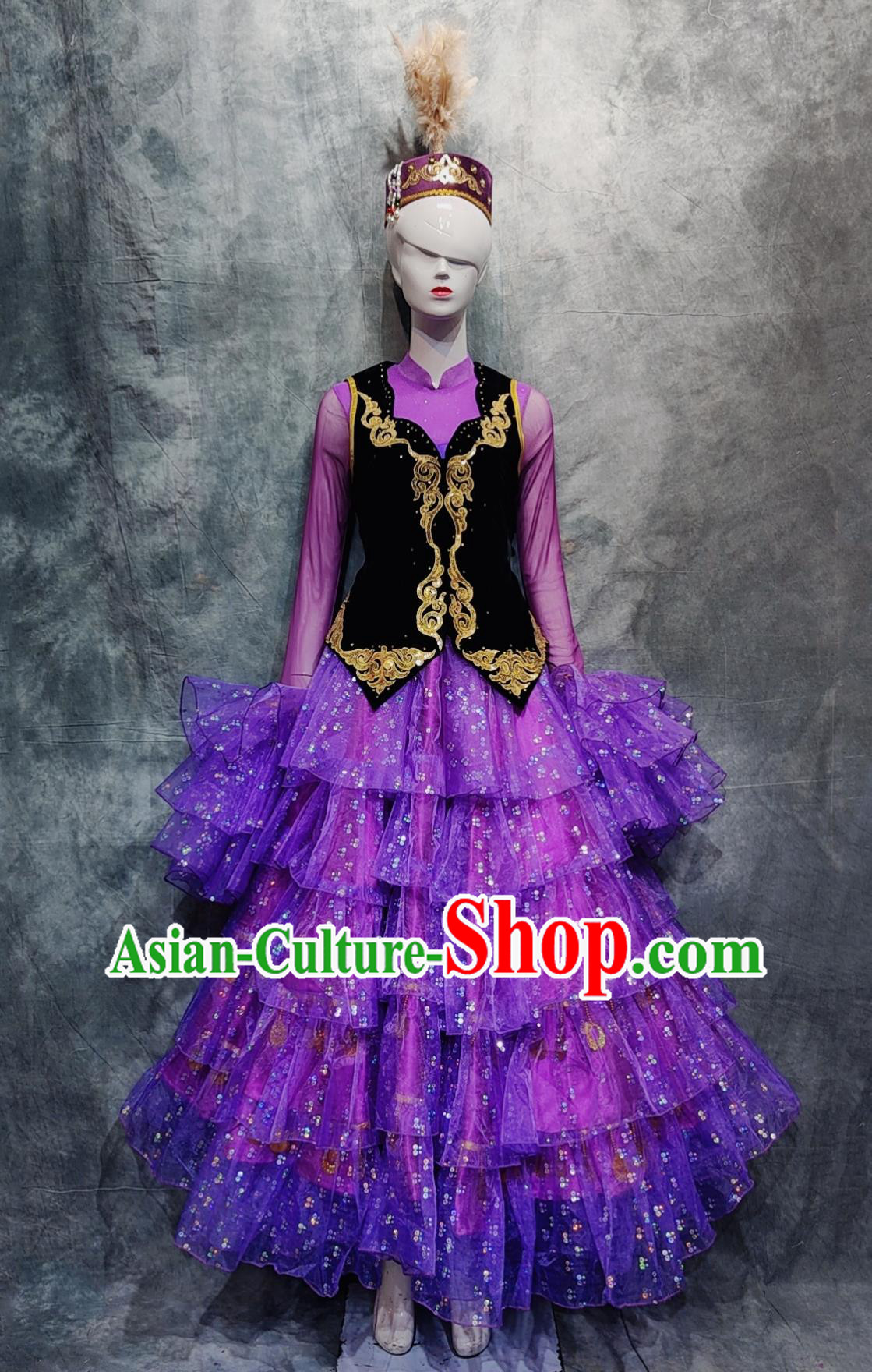 China Kazakh Ethnic Woman Clothing Chinese Kazak National Minority Stage Performance Purple Dress Xinjiang Folk Dance Costume