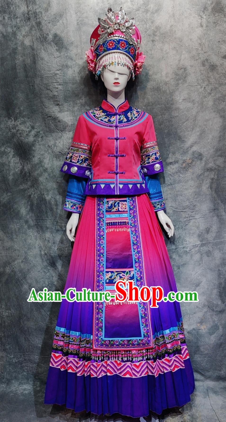 China Kelao Ethnic Woman Festival Clothing Chinese Gelo National Minority Stage Performance Rosy Dress Guangxi Folk Dance Costume