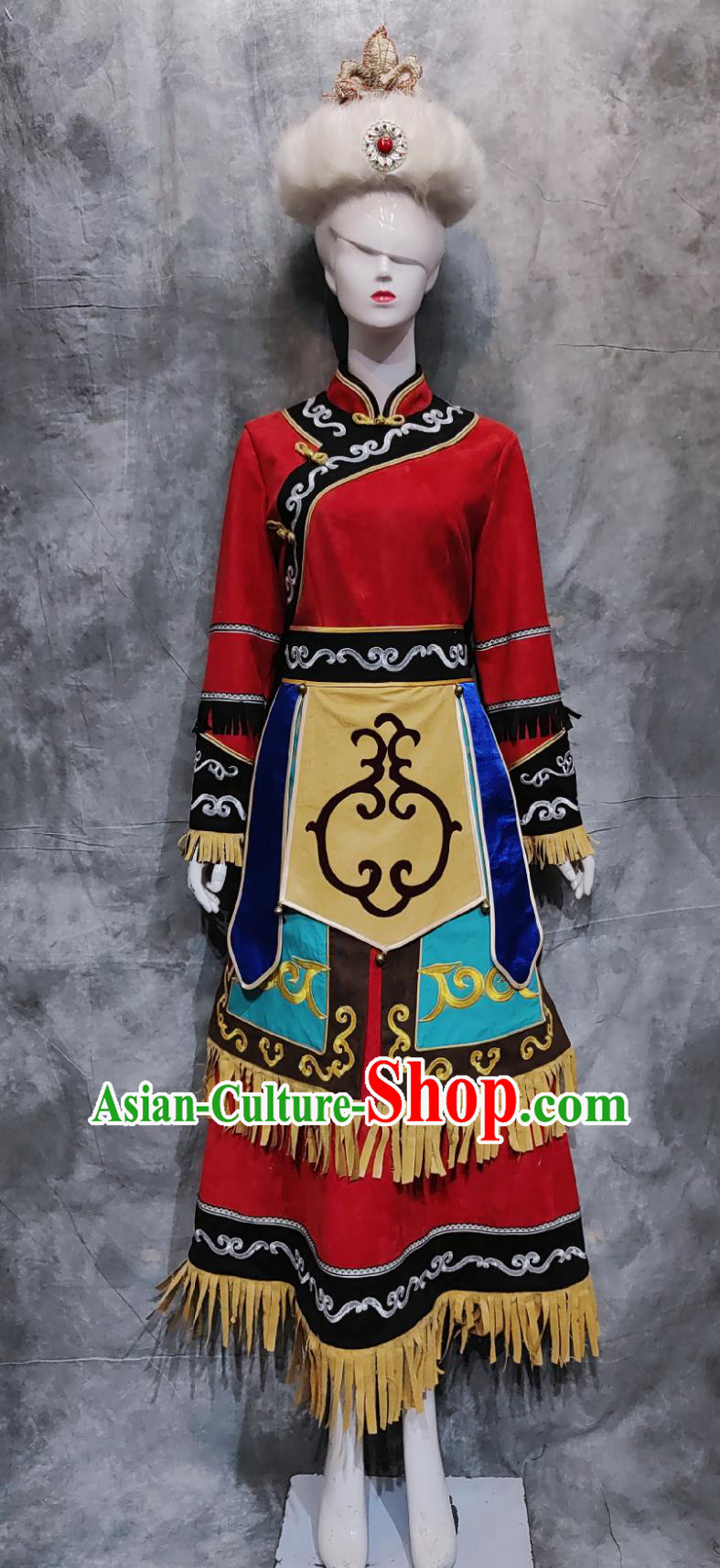 Chinese Hezhe National Minority Stage Performance Dress Heilongjiang Province Folk Dance Costume China Hezhen Ethnic Woman Clothing