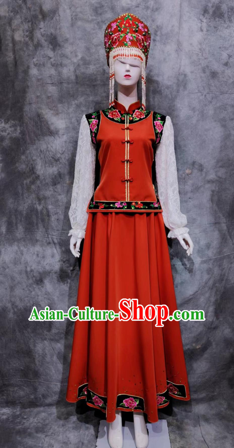 Traditional Chinese Xibe Ethnic Festival Costume China Sibo National Minority Woman Clothing Xinjiang Belem Dance Red Dress