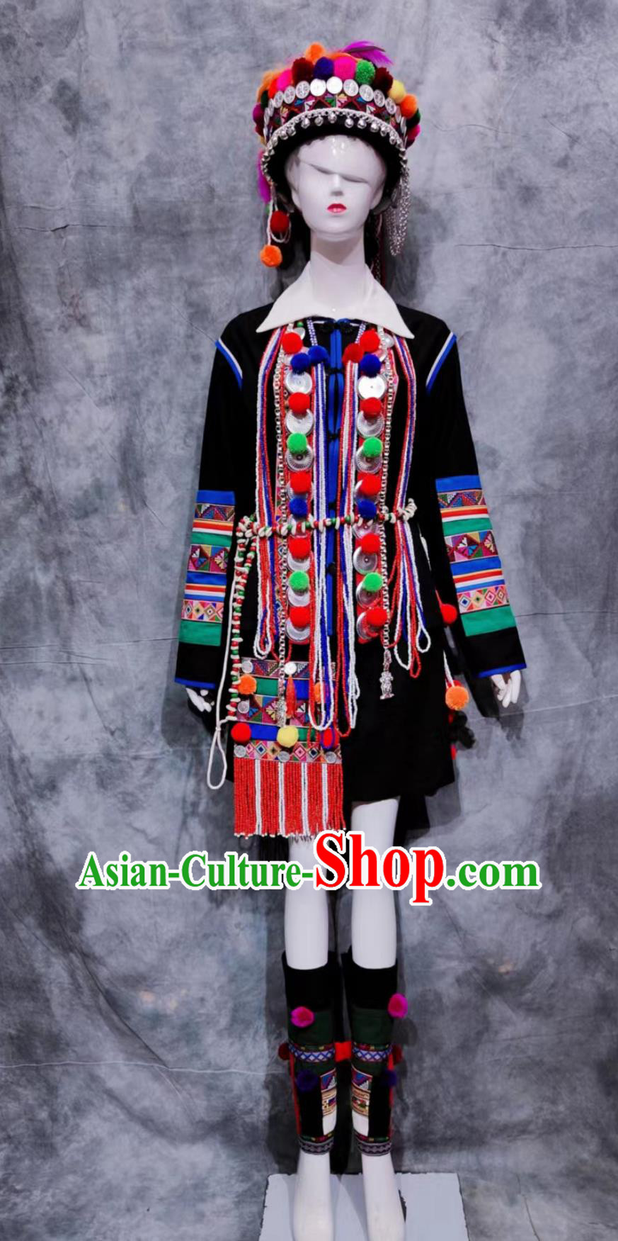 China Hani National Minority Woman Clothing Yunnan Travel Black Dress Traditional Chinese Hanis Ethnic Dance Costume