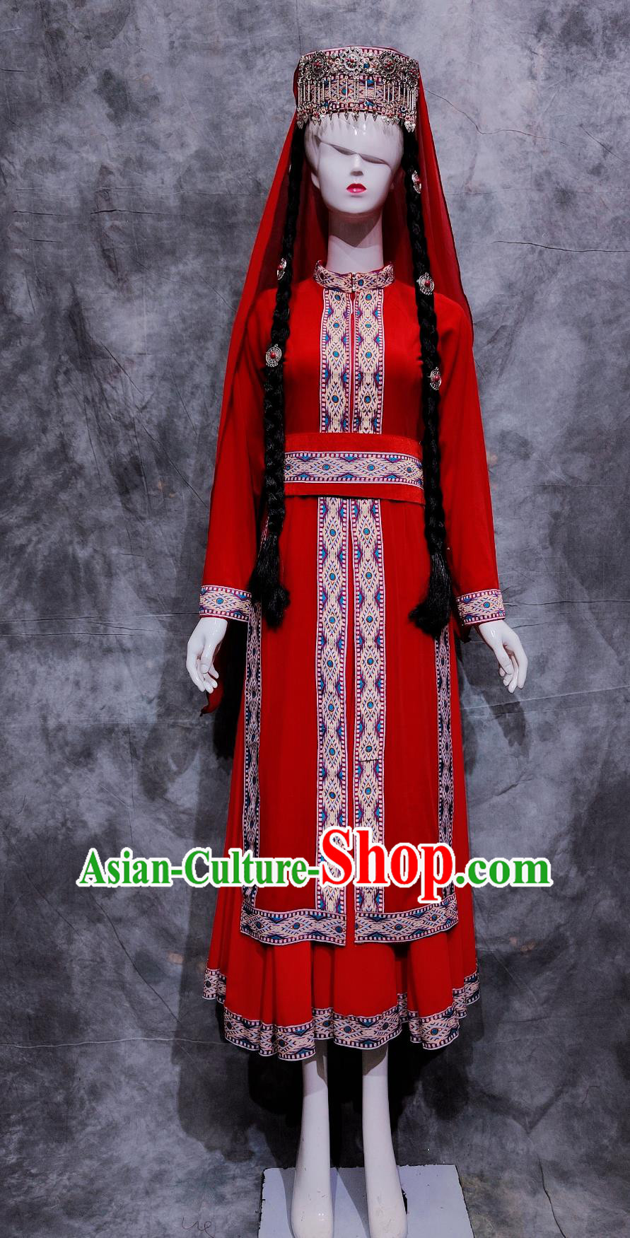 China Tajik National Minority Woman Clothing Traditional Xinjiang Travel Red Dress Chinese Tayikos Ethnic Dance Costume