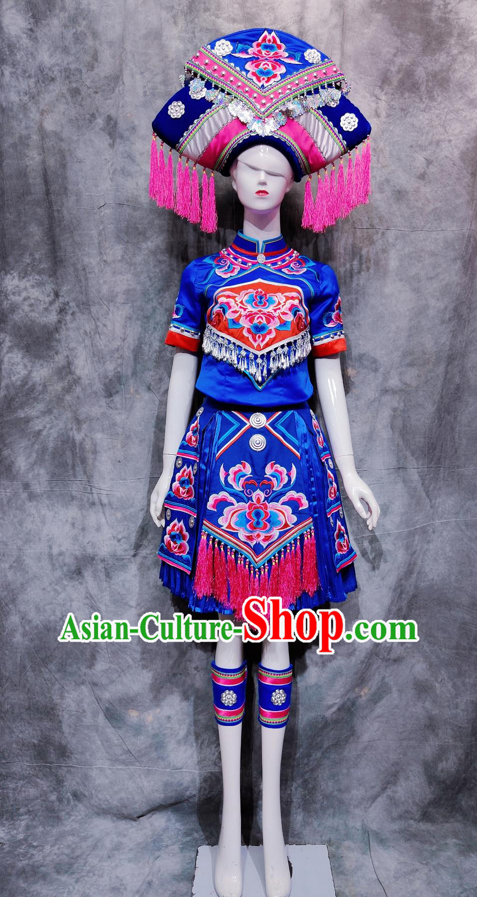 Traditional Guangxi Travel Embroidered Blue Dress Chinese Ethnic Dance Costume China Zhuang National Minority Woman Festival Clothing