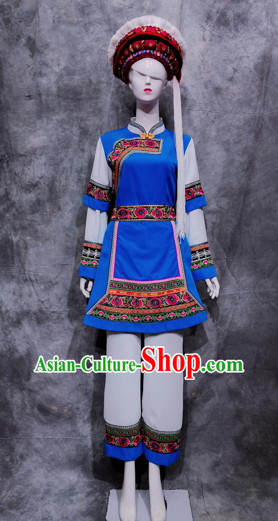 Traditional Yunnan Travel Blue Outfit Chinese Ethnic Dance Costume China Bai National Minority Woman Clothing