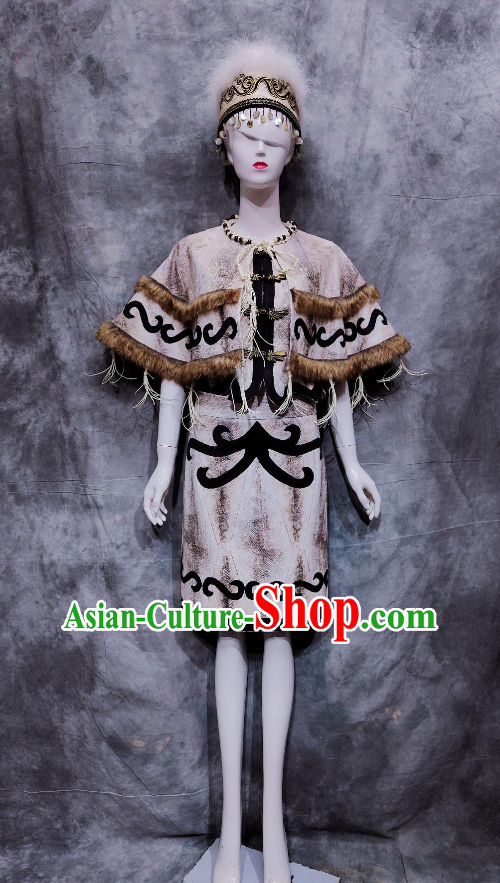 China Hezhen National Minority Woman Clothing Traditional Heilongjiang Travel Dress Chinese He Zhe Ethnic Fishskin Costume