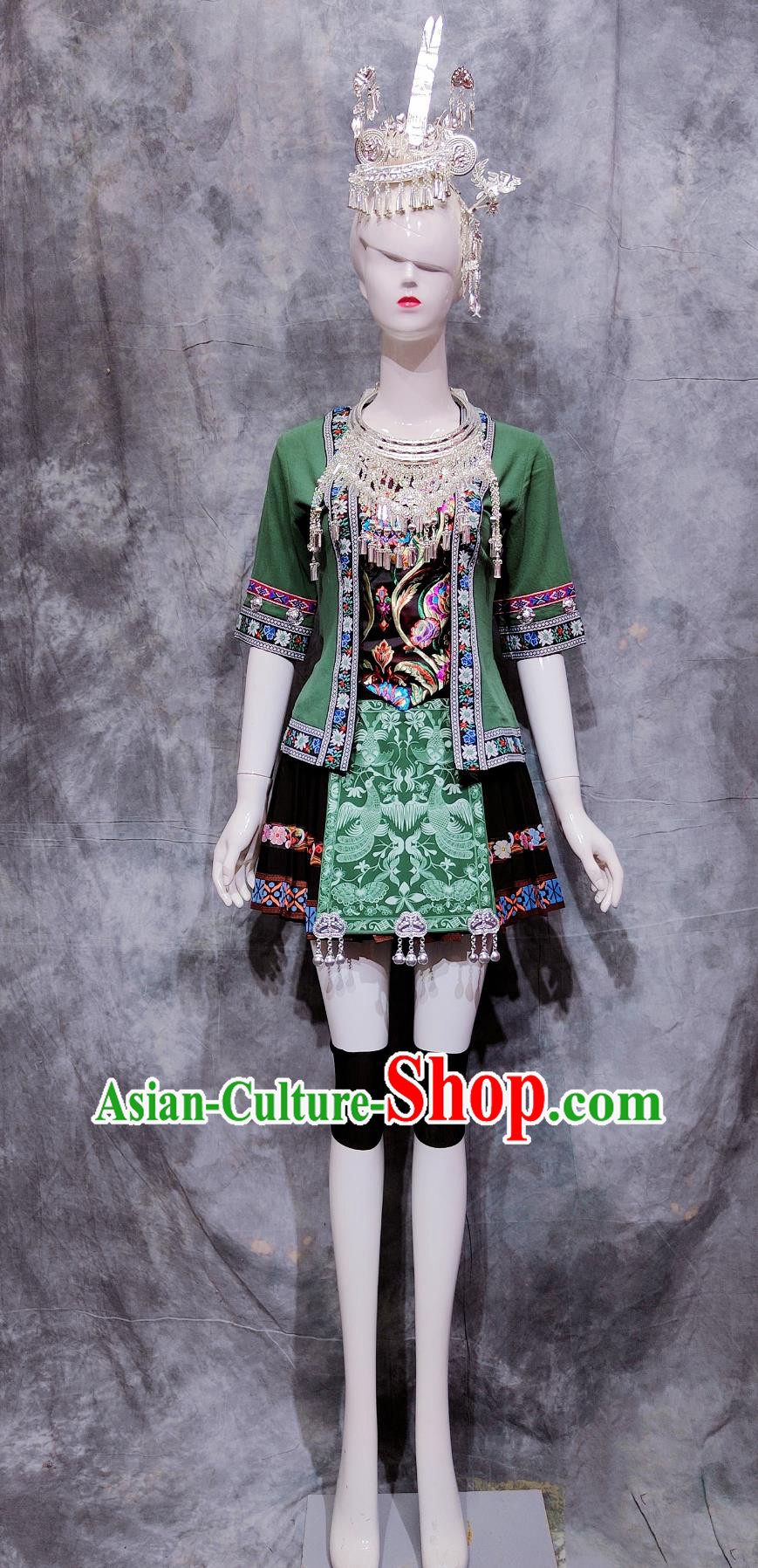 China Dong National Minority Woman Clothing Traditional Guizhou Festival Green Dress Chinese Ethnic Dance Costume