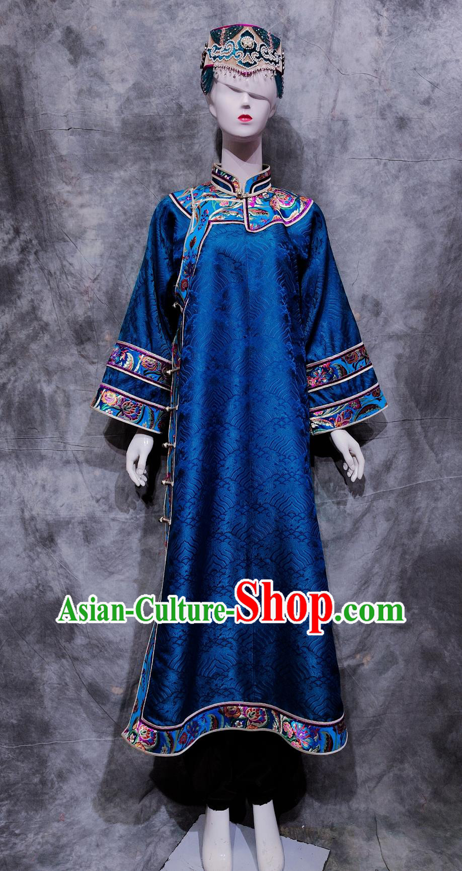 China Daur National Minority Woman Clothing Traditional Inner Mongolia Travel Blue Dress Chinese Evenki Ethnic Dance Costume