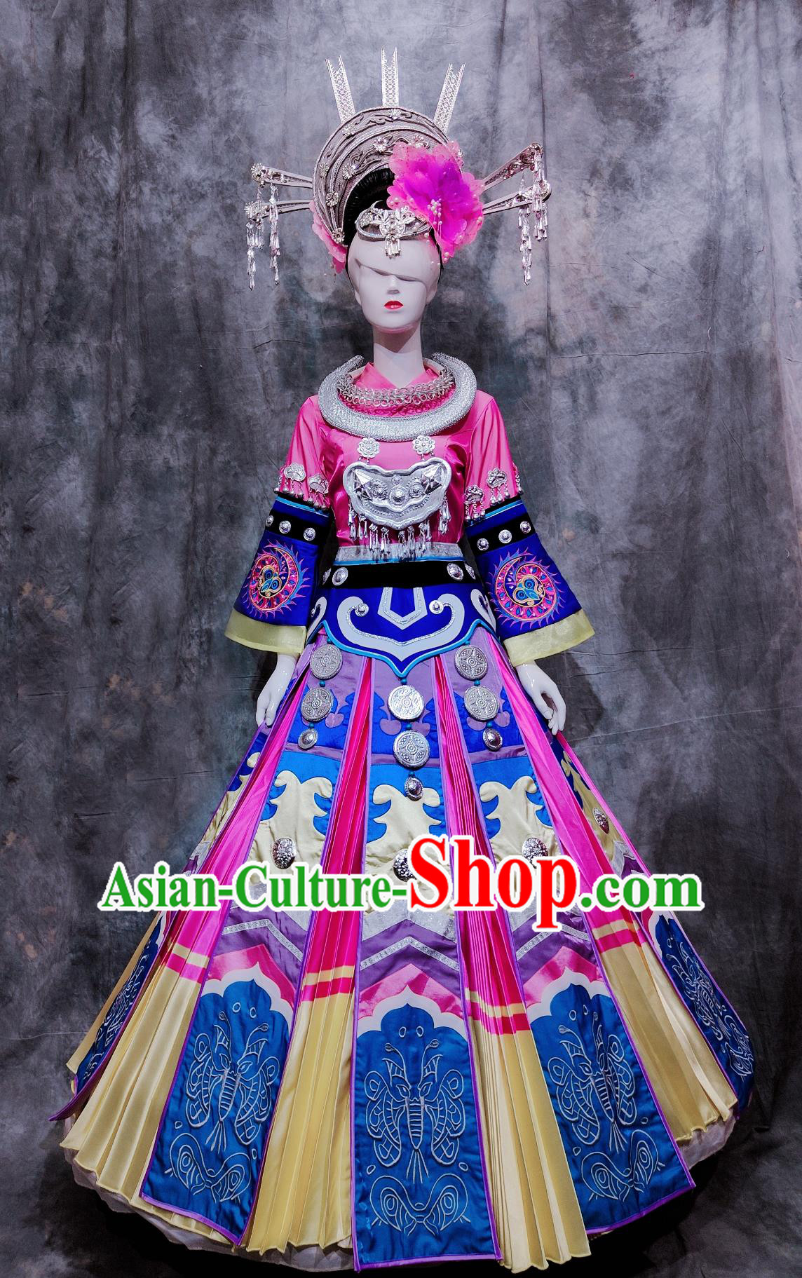 Chinese Hmong Ethnic Dance Costume China Miao National Minority Woman Clothing Traditional Festival Attire Pink Dress