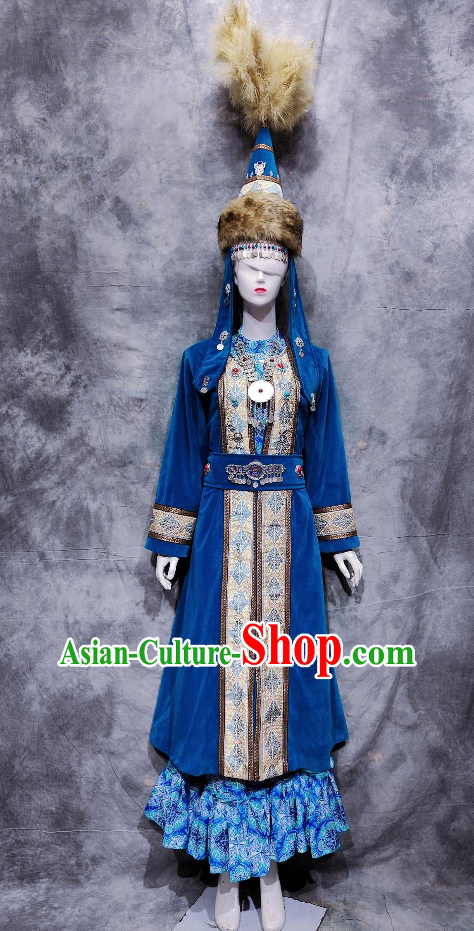 Traditional Xinjiang Dance Blue Dress Chinese Hazak Ethnic Dance Costume China Kazakh National Minority Woman Clothing