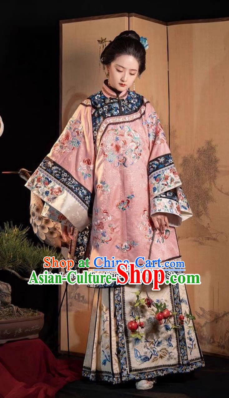 Ancient China Empress Costume Traditional Clothing Pink Embroidered Overcoat and Mamian Skirt Chinese Qing Dynasty Noble Woman Dress
