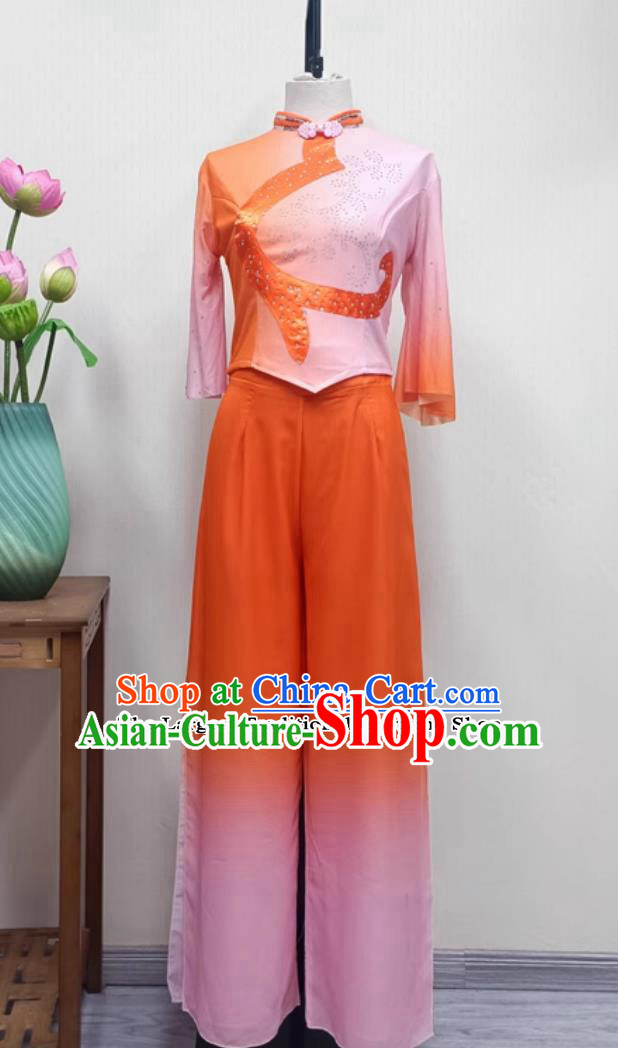 Chinese Folk Dance Costume Women Group Performance Orange Outfit China Yangko Dance Clothing