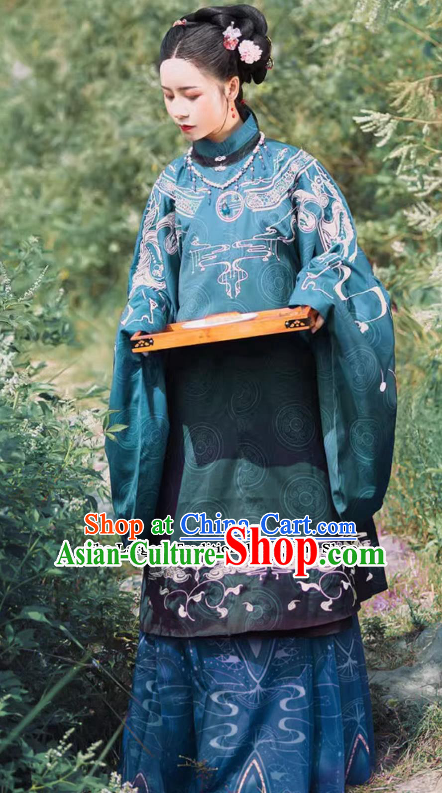 Ancient China Royal Empress Costumes Chinese Hanfu Ming Dynasty Noble Woman Blue Gown and Mamian Skirt Complete Set