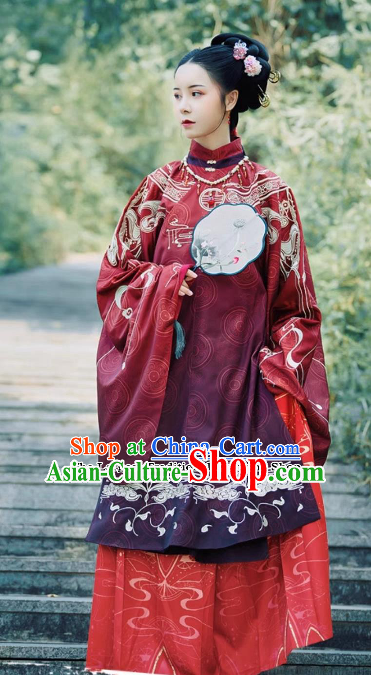 Ancient China Empress Dress Chinese Ming Dynasty Noble Woman Costume Female Hanfu Red Gown and Mamian Skirt