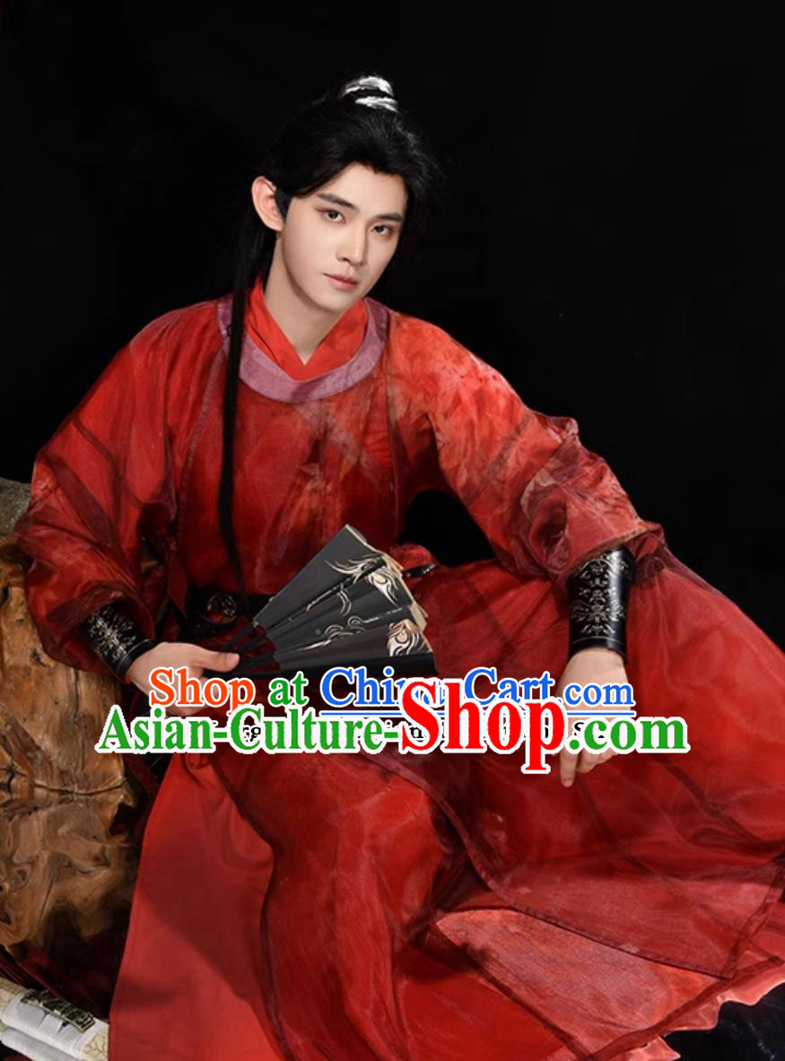 Chinese Tang Dynasty Male Hanfu Ancient China Swordsman Red Costume Traditional Young Hero Clothing